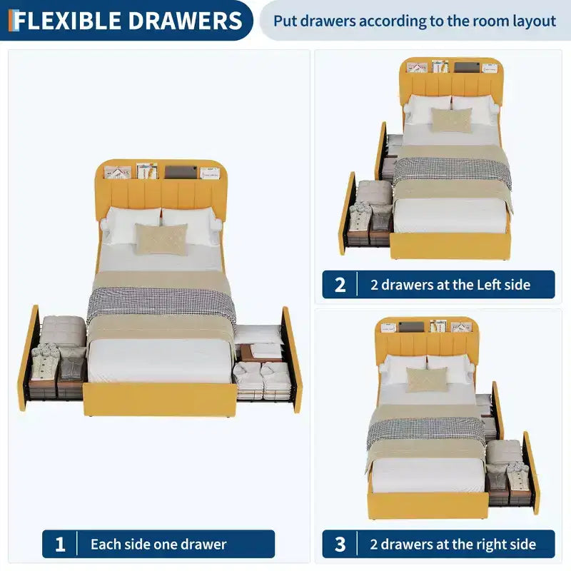 Cadre de lit double avec tête de lit de rangement, cadre de lit pour filles avec 2 tiroirs, lit plateforme rembourré en tissu bouclette avec bibliothèque, pas besoin de sommier tapissier