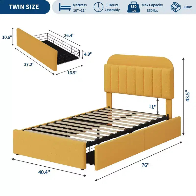 Cadre de lit double avec tête de lit de rangement, cadre de lit pour filles avec 2 tiroirs, lit plateforme rembourré en tissu bouclette avec bibliothèque, pas besoin de sommier tapissier