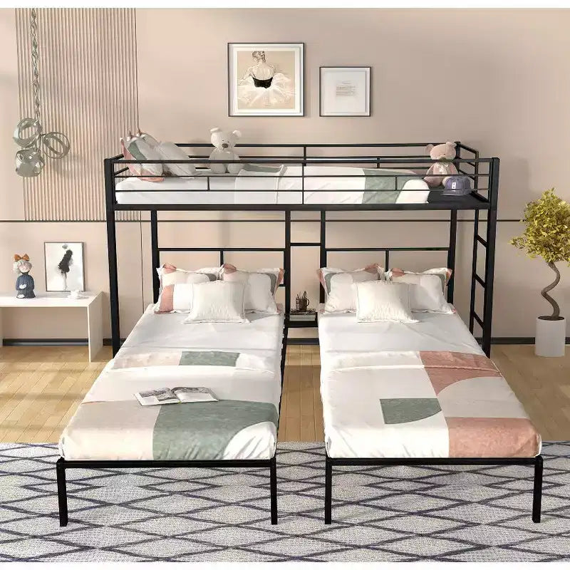Bellemave Twin Over Twin Triple Bunk Beds for 3 Kids,Metal Triple Bunk Beds with Wood Slats and Table,Noise Reduced Structure,Black