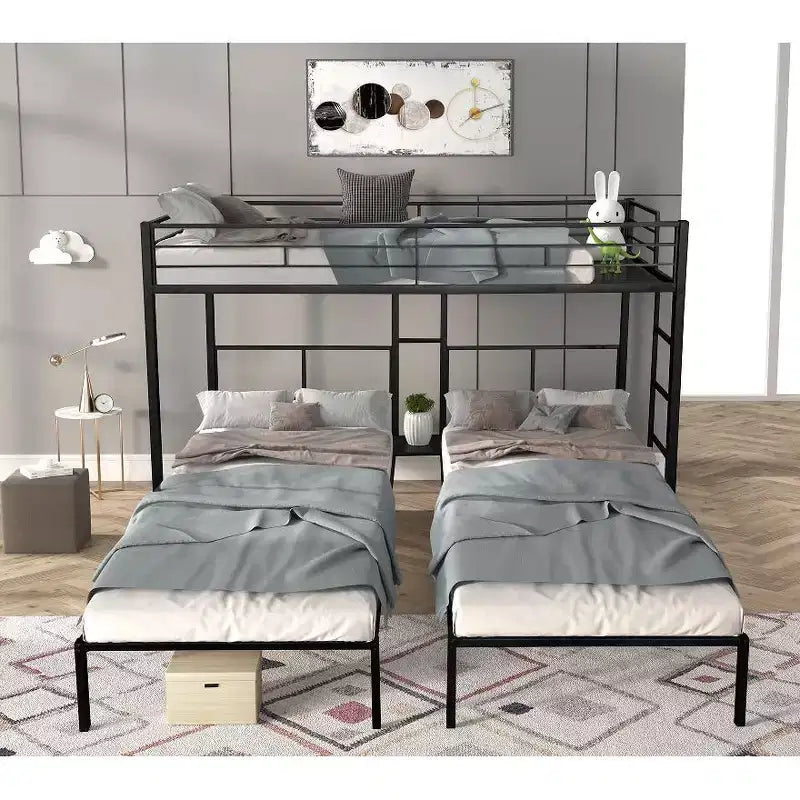 Lits Superposés Triples Jumeaux pour 3 Enfants, Lits Superposés Triples en Métal avec Lattes en Bois et Table, Structure Anti-Bruit, Noir