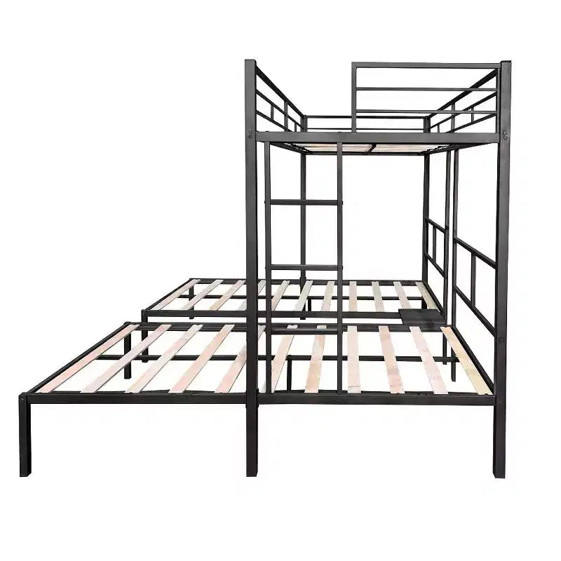 Lits Superposés Triples Jumeaux pour 3 Enfants, Lits Superposés Triples en Métal avec Lattes en Bois et Table, Structure Anti-Bruit, Noir