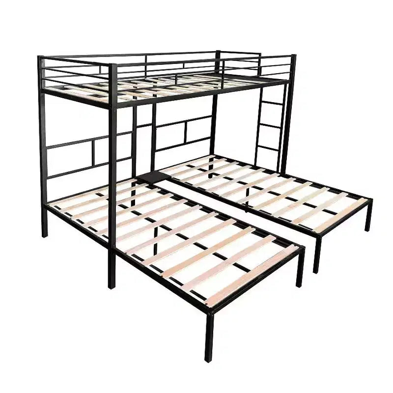 Lits Superposés Triples Jumeaux pour 3 Enfants, Lits Superposés Triples en Métal avec Lattes en Bois et Table, Structure Anti-Bruit, Noir