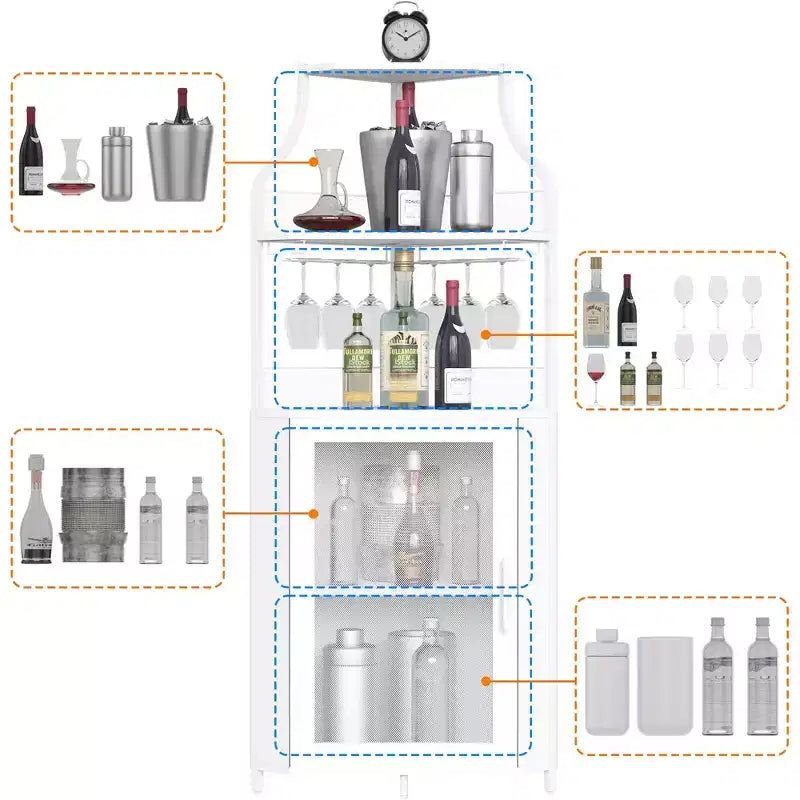 Meuble de rangement pour vin d'angle blanc 29 pour petits espaces, peut contenir plus de 50 bouteilles et de la verrerie, meuble de rangement en MDF avec dessus de bar pour liqueurs et accessoires de cocktails
