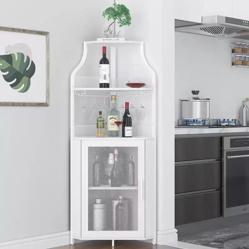 Meuble de rangement pour vin d'angle blanc 29 pour petits espaces, peut contenir plus de 50 bouteilles et de la verrerie, meuble de rangement en MDF avec dessus de bar pour liqueurs et accessoires de cocktails