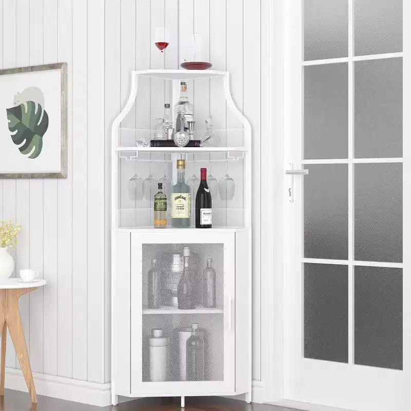 Meuble de rangement pour vin d'angle blanc 29 pour petits espaces, peut contenir plus de 50 bouteilles et de la verrerie, meuble de rangement en MDF avec dessus de bar pour liqueurs et accessoires de cocktails