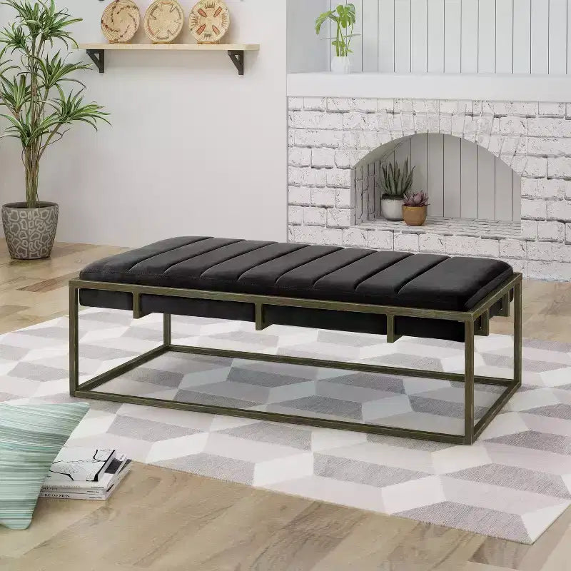 EHMKNP Upholstered Velvet Ottoman Bench with Brass Finish, Black