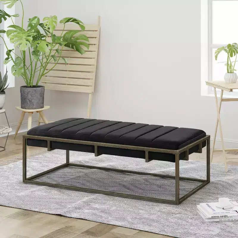 Banc Ottoman Rembourré en Velours avec Finition Laiton, Noir
