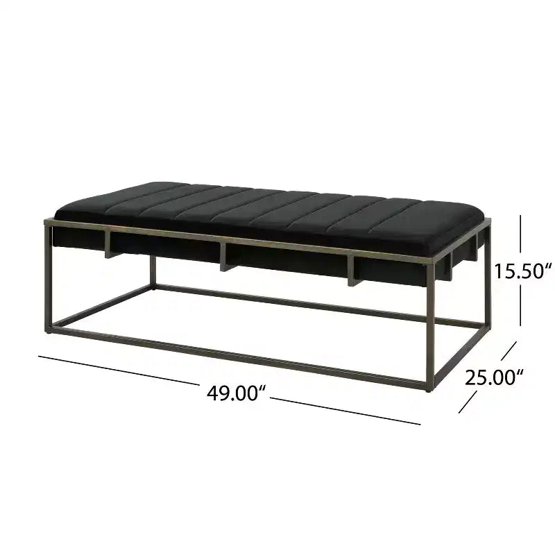 Banc Ottoman Rembourré en Velours avec Finition Laiton, Noir