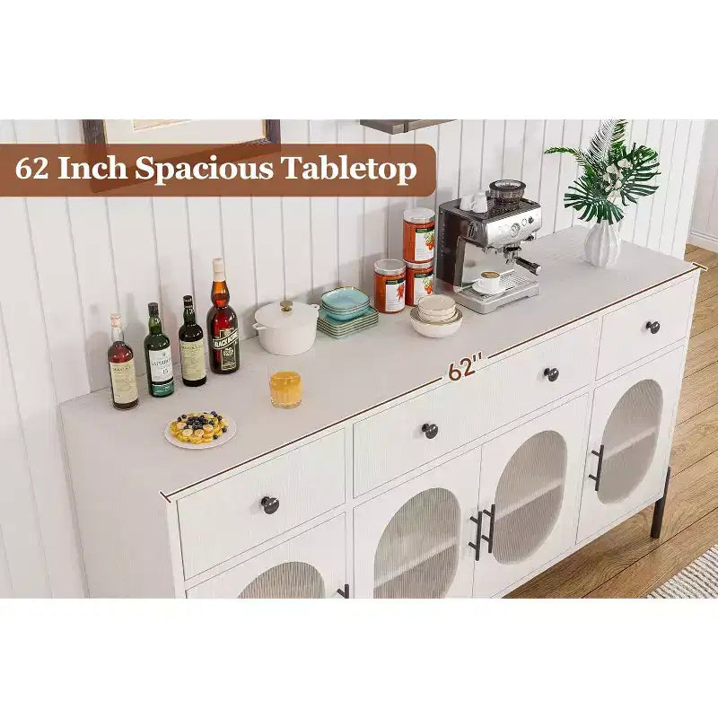 Grand buffet de 62 pouces avec rangement et 3 tiroirs, meuble de rangement pour bar à café en libre-service avec 4 portes vitrées pour salle à manger, salon, cuisine