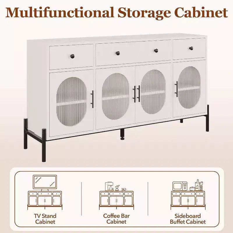 Grand buffet de 62 pouces avec rangement et 3 tiroirs, meuble de rangement pour bar à café en libre-service avec 4 portes vitrées pour salle à manger, salon, cuisine