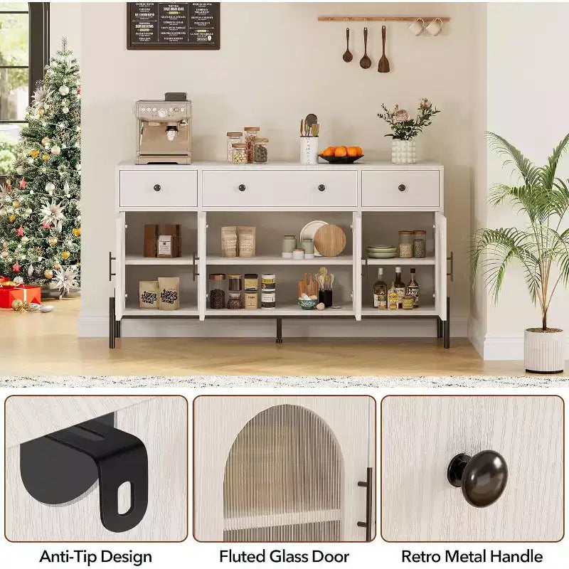 Grand buffet de 62 pouces avec rangement et 3 tiroirs, meuble de rangement pour bar à café en libre-service avec 4 portes vitrées pour salle à manger, salon, cuisine