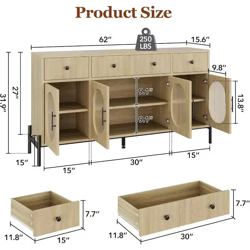 Grand buffet de 62 pouces avec rangement et 3 tiroirs, meuble de rangement pour bar à café en libre-service avec 4 portes vitrées pour salle à manger, salon, cuisine