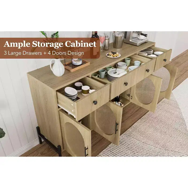 Grand buffet de 62 pouces avec rangement et 3 tiroirs, meuble de rangement pour bar à café en libre-service avec 4 portes vitrées pour salle à manger, salon, cuisine