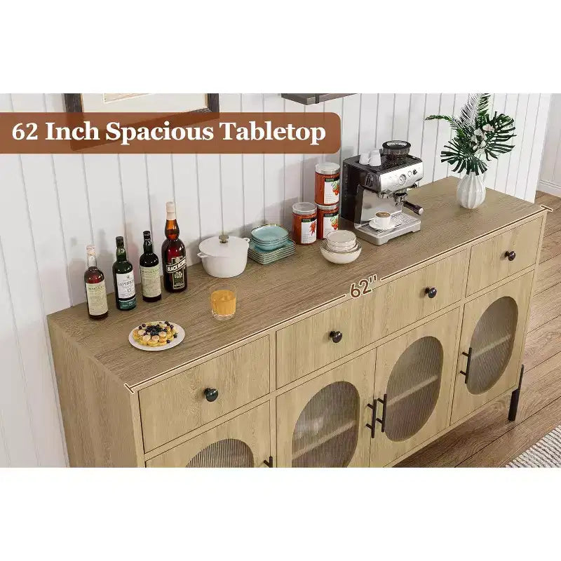 Grand buffet de 62 pouces avec rangement et 3 tiroirs, meuble de rangement pour bar à café en libre-service avec 4 portes vitrées pour salle à manger, salon, cuisine