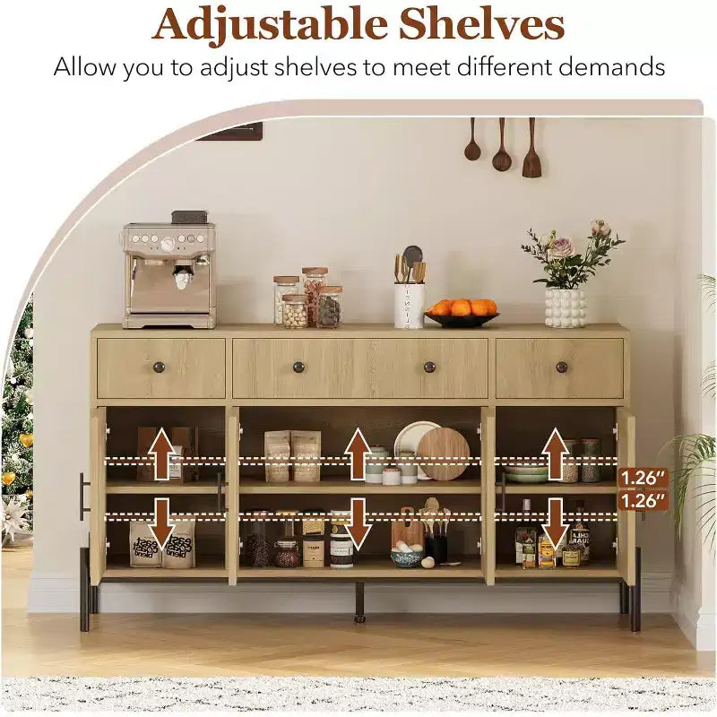 Grand buffet de 62 pouces avec rangement et 3 tiroirs, meuble de rangement pour bar à café en libre-service avec 4 portes vitrées pour salle à manger, salon, cuisine