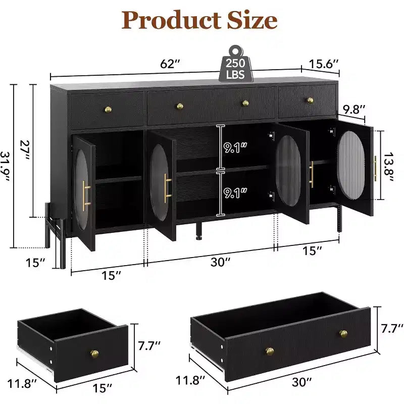 Grand buffet de 62 pouces avec rangement et 3 tiroirs, meuble de rangement pour bar à café en libre-service avec 4 portes vitrées pour salle à manger, salon, cuisine