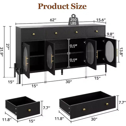 Grand buffet de 62 pouces avec rangement et 3 tiroirs, meuble de rangement pour bar à café en libre-service avec 4 portes vitrées pour salle à manger, salon, cuisine