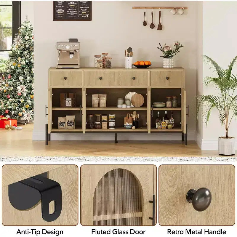 Grand buffet de 62 pouces avec rangement et 3 tiroirs, meuble de rangement pour bar à café en libre-service avec 4 portes vitrées pour salle à manger, salon, cuisine