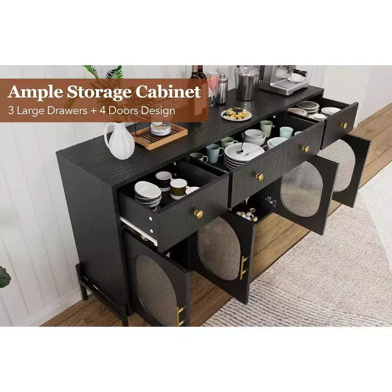 Grand buffet de 62 pouces avec rangement et 3 tiroirs, meuble de rangement pour bar à café en libre-service avec 4 portes vitrées pour salle à manger, salon, cuisine