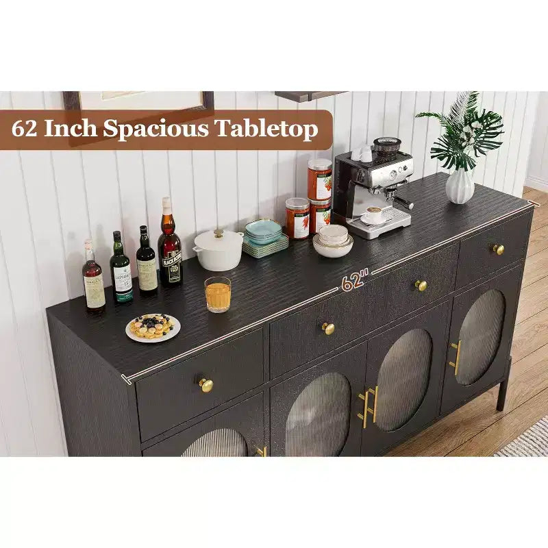 Grand buffet de 62 pouces avec rangement et 3 tiroirs, meuble de rangement pour bar à café en libre-service avec 4 portes vitrées pour salle à manger, salon, cuisine