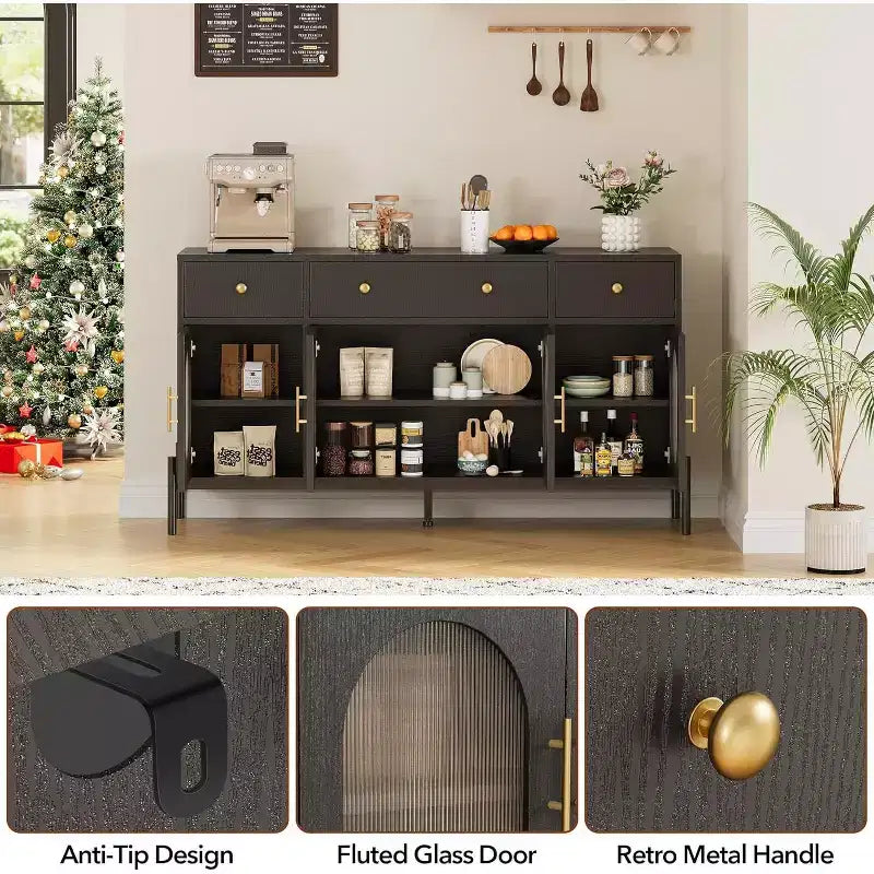Grand buffet de 62 pouces avec rangement et 3 tiroirs, meuble de rangement pour bar à café en libre-service avec 4 portes vitrées pour salle à manger, salon, cuisine