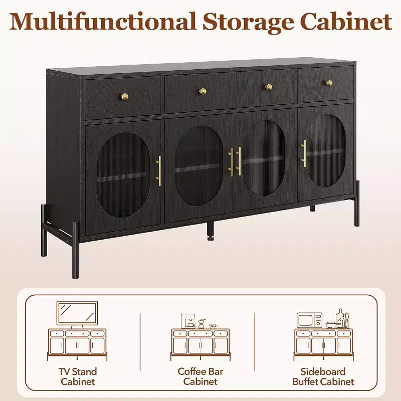 Grand buffet de 62 pouces avec rangement et 3 tiroirs, meuble de rangement pour bar à café en libre-service avec 4 portes vitrées pour salle à manger, salon, cuisine