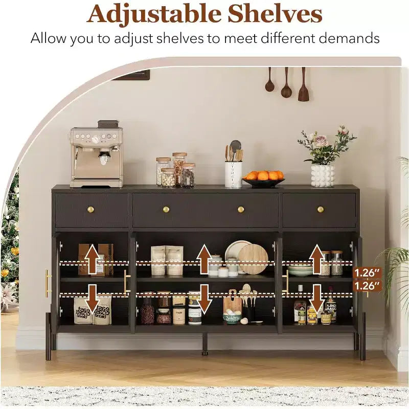 Grand buffet de 62 pouces avec rangement et 3 tiroirs, meuble de rangement pour bar à café en libre-service avec 4 portes vitrées pour salle à manger, salon, cuisine