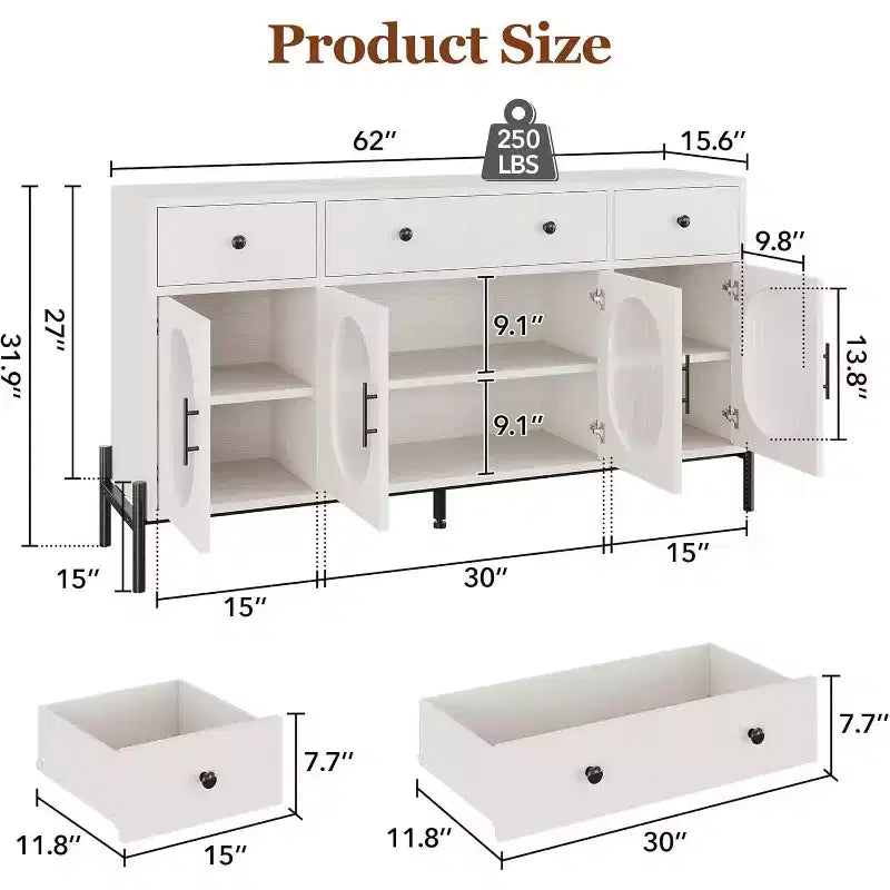Grand buffet de 62 pouces avec rangement et 3 tiroirs, meuble de rangement pour bar à café en libre-service avec 4 portes vitrées pour salle à manger, salon, cuisine