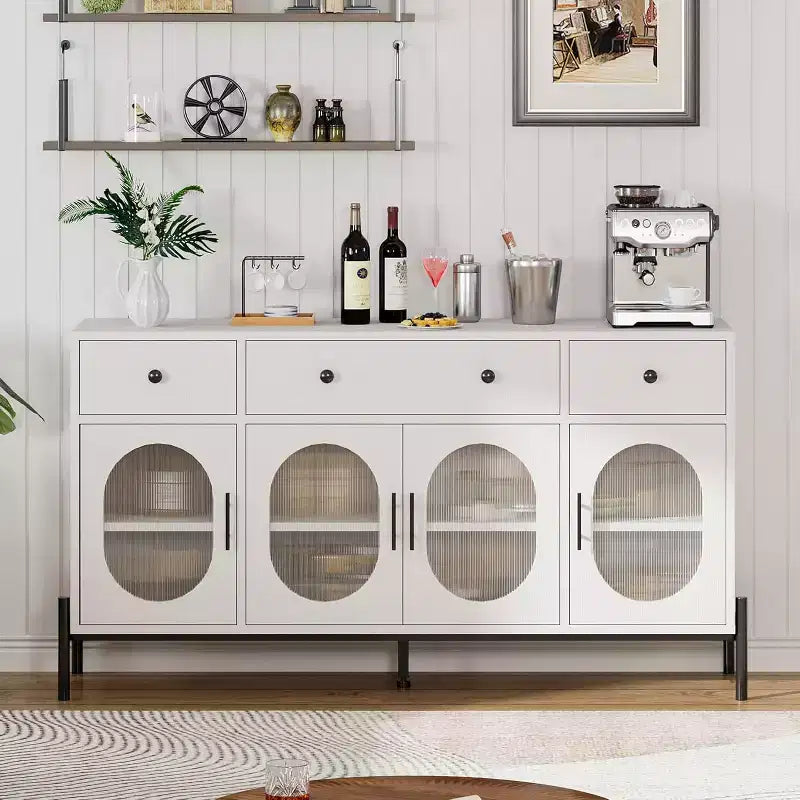 Grand buffet de 62 pouces avec rangement et 3 tiroirs, meuble de rangement pour bar à café en libre-service avec 4 portes vitrées pour salle à manger, salon, cuisine
