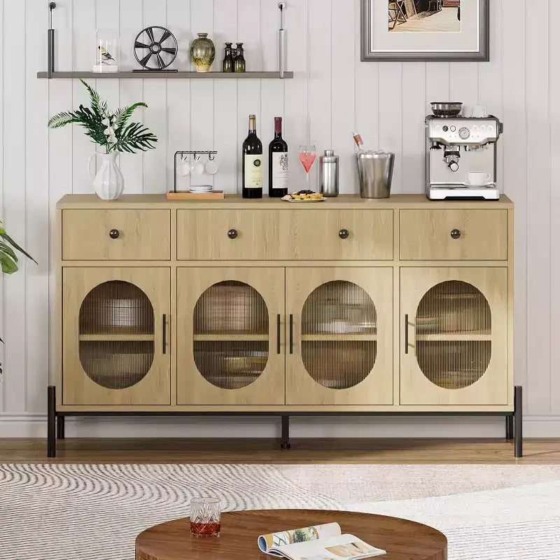 Grand buffet de 62 pouces avec rangement et 3 tiroirs, meuble de rangement pour bar à café en libre-service avec 4 portes vitrées pour salle à manger, salon, cuisine