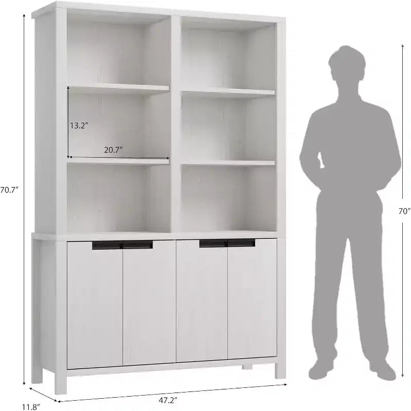 Bibliothèque de ferme gris/blanc de 179,5 cm avec portes, étagère double de 5 niveaux avec armoire et étagère réglable