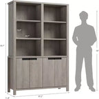 Bibliothèque de ferme gris/blanc de 179,5 cm avec portes, étagère double de 5 niveaux avec armoire et étagère réglable