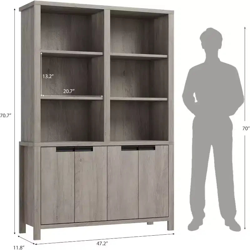 Bibliothèque de ferme gris/blanc de 179,5 cm avec portes, étagère double de 5 niveaux avec armoire et étagère réglable