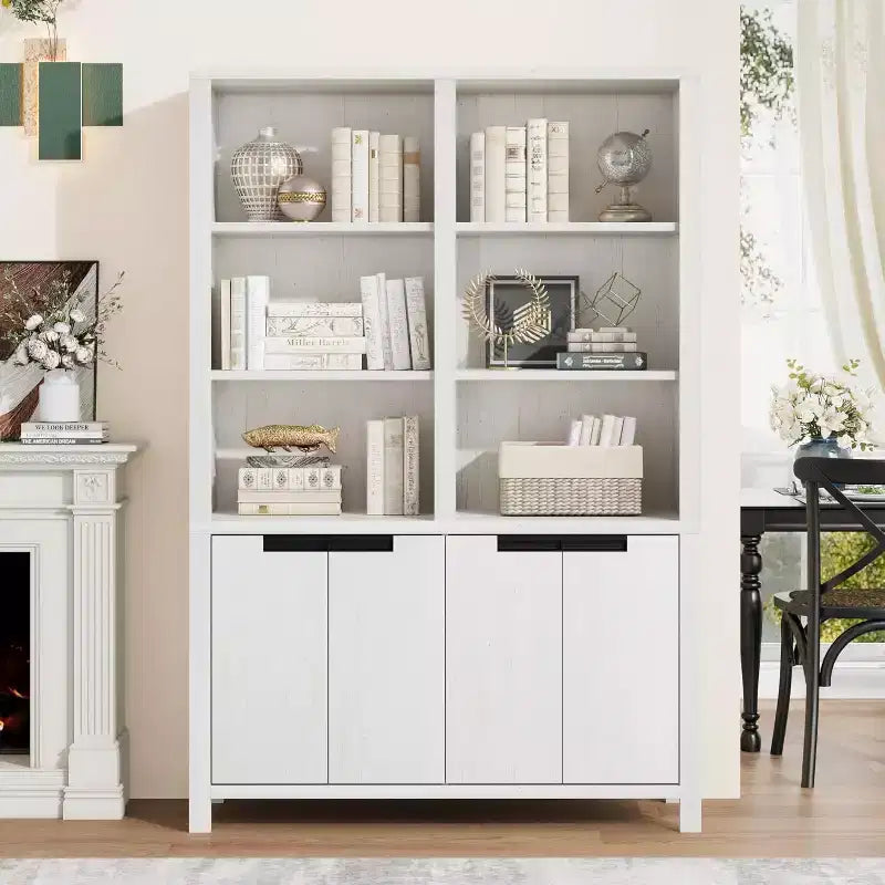 COZONY 70.7 Gray/White Farmhouse Bookcase with Doors, 5-Tier Double Wide Bookshelf with Cabinet and Adjustable Shelf