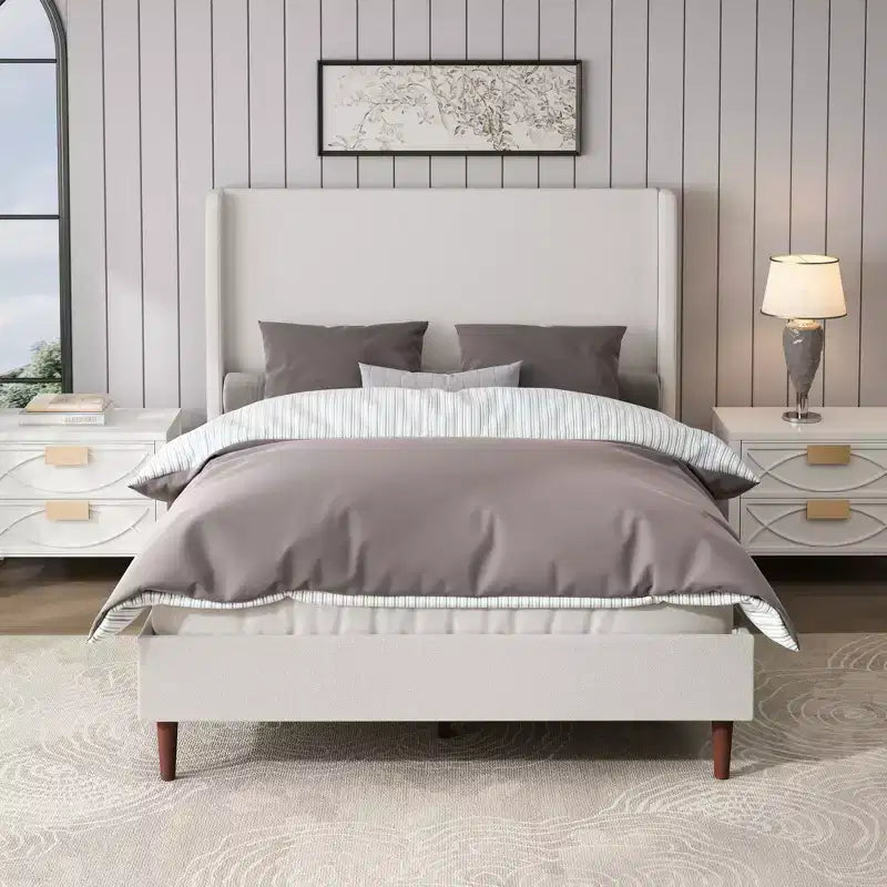 Queen/King Size Upholstered Bed Frame, Chenille High Headboard Platform Bed, No Box Spring Needed, Ivory White - ModernLuxe