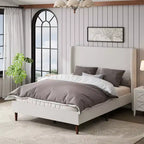 Cadre de lit rembourré Queen/King Size, Lit plateforme avec tête de lit haute en chenille, Sommier tapissier non requis, Blanc ivoire