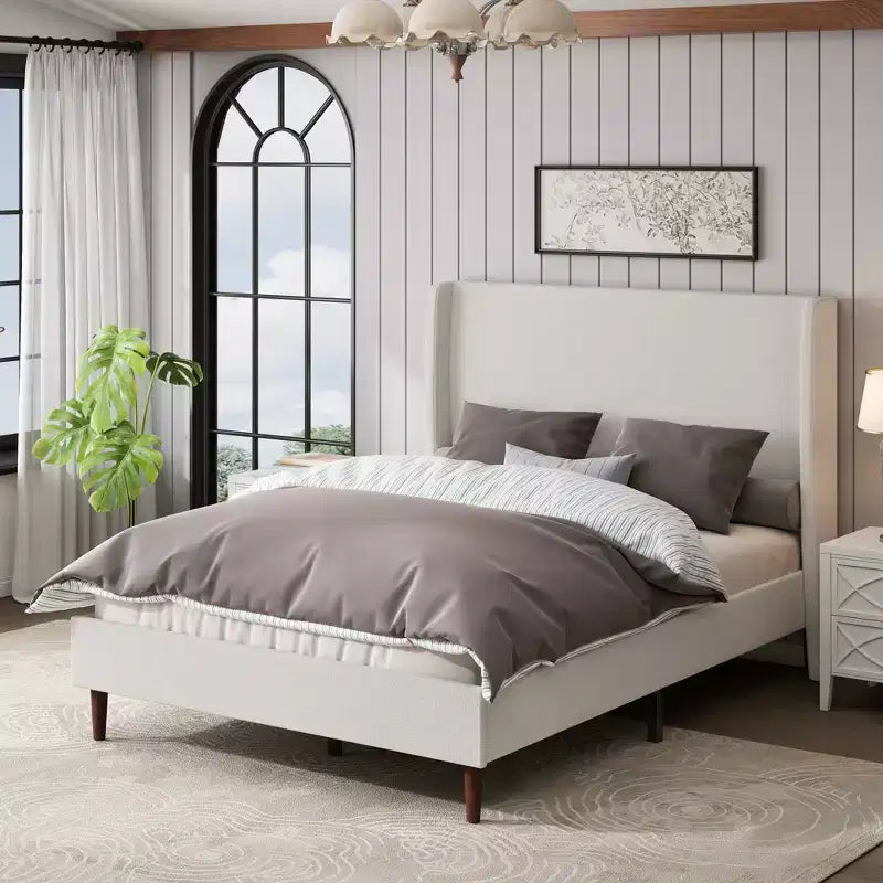 Cadre de lit rembourré Queen/King Size, Lit plateforme avec tête de lit haute en chenille, Sommier tapissier non requis, Blanc ivoire
