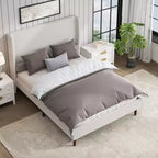 Cadre de lit rembourré Queen/King Size, Lit plateforme avec tête de lit haute en chenille, Sommier tapissier non requis, Blanc ivoire
