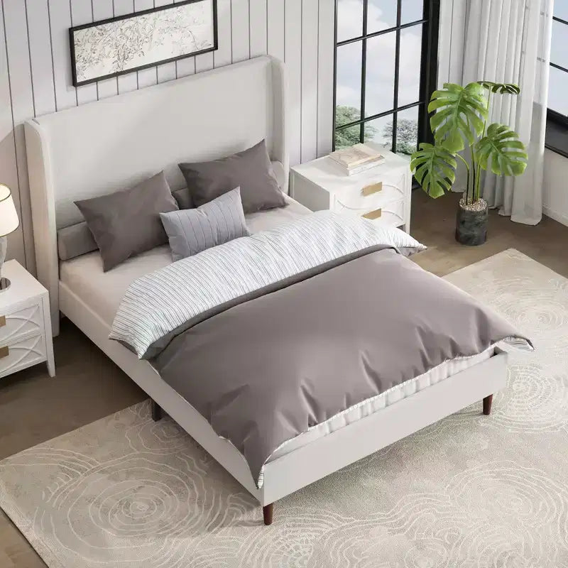 Cadre de lit rembourré Queen/King Size, Lit plateforme avec tête de lit haute en chenille, Sommier tapissier non requis, Blanc ivoire