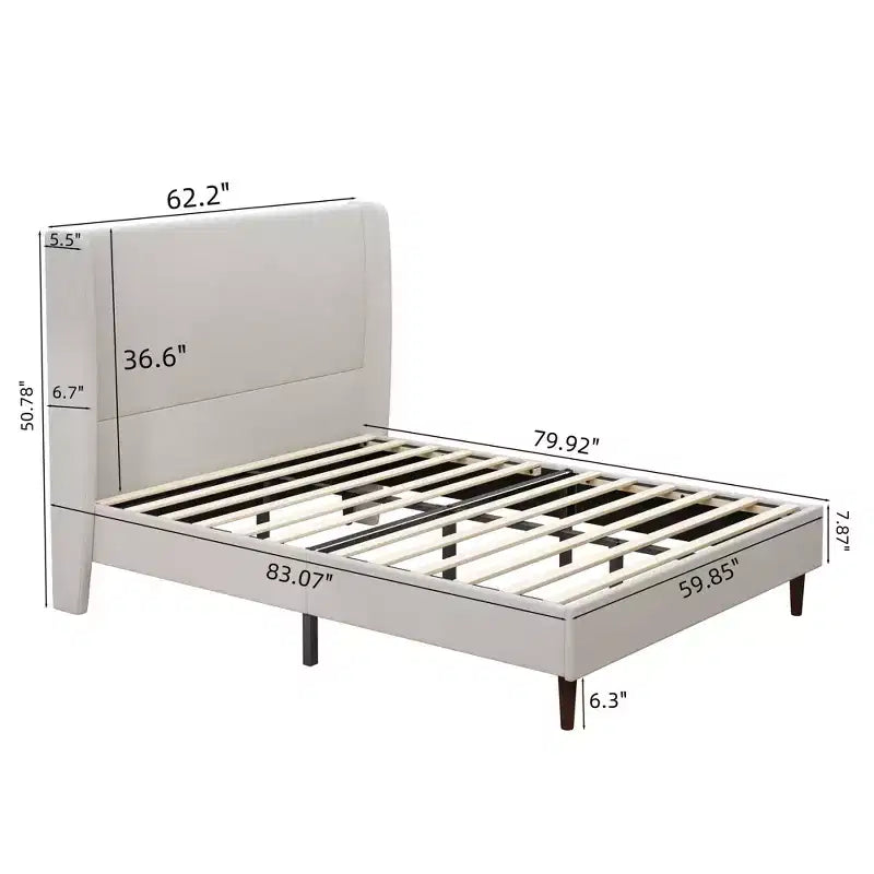 Cadre de lit rembourré Queen/King Size, Lit plateforme avec tête de lit haute en chenille, Sommier tapissier non requis, Blanc ivoire