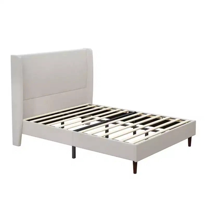 Cadre de lit rembourré Queen/King Size, Lit plateforme avec tête de lit haute en chenille, Sommier tapissier non requis, Blanc ivoire