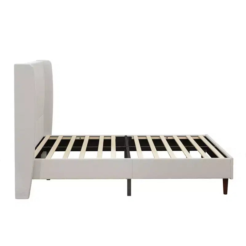 Cadre de lit rembourré Queen/King Size, Lit plateforme avec tête de lit haute en chenille, Sommier tapissier non requis, Blanc ivoire