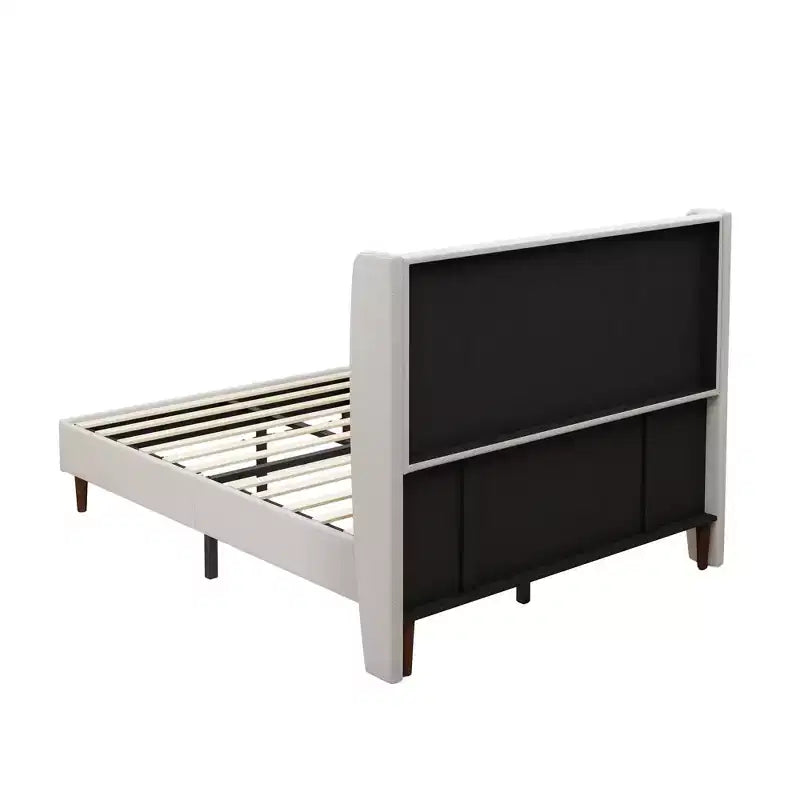 Cadre de lit rembourré Queen/King Size, Lit plateforme avec tête de lit haute en chenille, Sommier tapissier non requis, Blanc ivoire