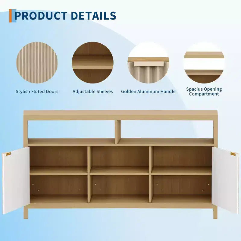 Meuble TV cannelé de 59 po pour téléviseurs jusqu'à 65 po, meuble de divertissement moderne du milieu du siècle avec panneaux ondulés et étagères ouvertes, console multimédia en bois pour chambre à coucher