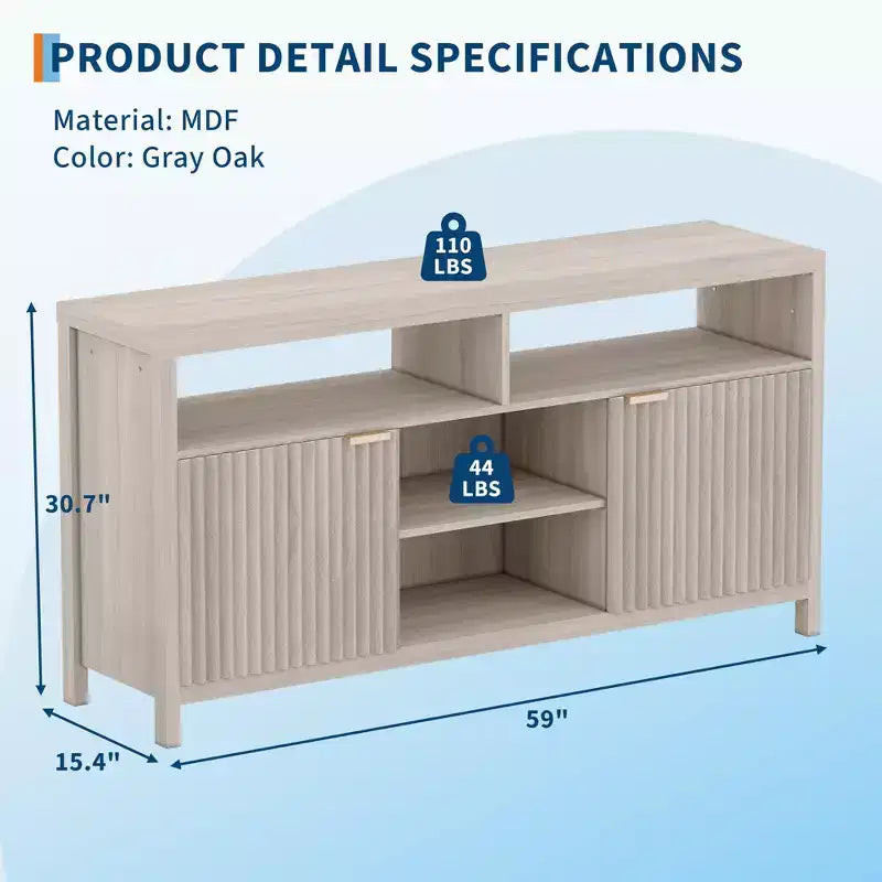 Meuble TV cannelé de 59 po pour téléviseurs jusqu'à 65 po, meuble de divertissement moderne du milieu du siècle avec panneaux ondulés et étagères ouvertes, console multimédia en bois pour chambre à coucher