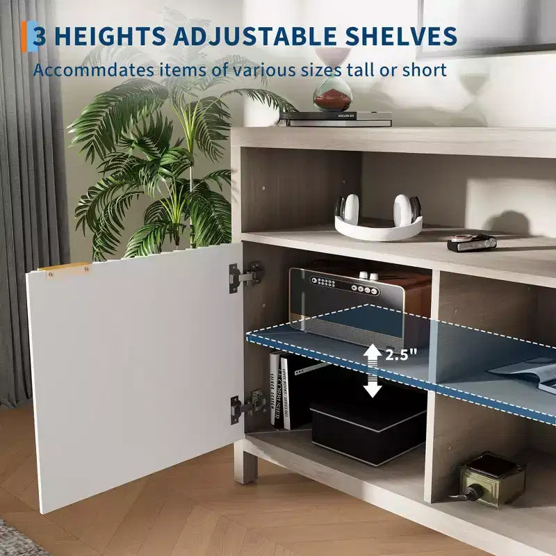 Meuble TV cannelé de 59 po pour téléviseurs jusqu'à 65 po, meuble de divertissement moderne du milieu du siècle avec panneaux ondulés et étagères ouvertes, console multimédia en bois pour chambre à coucher