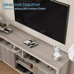 Meuble TV cannelé de 59 po pour téléviseurs jusqu'à 65 po, meuble de divertissement moderne du milieu du siècle avec panneaux ondulés et étagères ouvertes, console multimédia en bois pour chambre à coucher