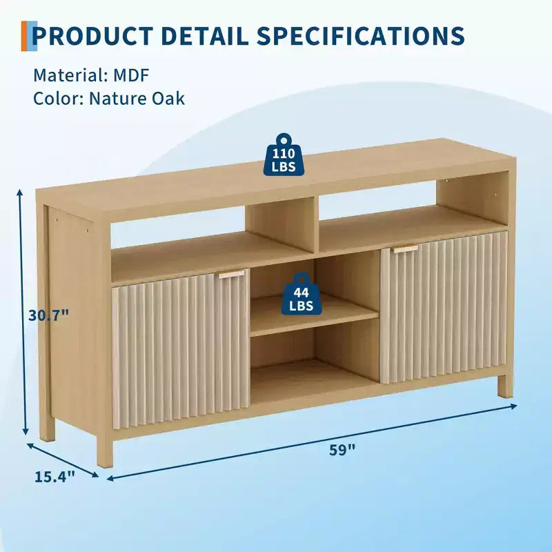 Meuble TV cannelé de 59 po pour téléviseurs jusqu'à 65 po, meuble de divertissement moderne du milieu du siècle avec panneaux ondulés et étagères ouvertes, console multimédia en bois pour chambre à coucher