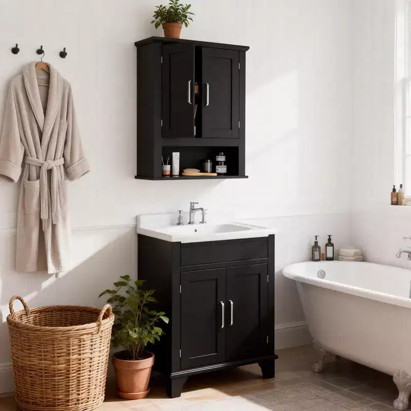 Meuble haut de salle de bain noir 2 portes avec 1 étagère