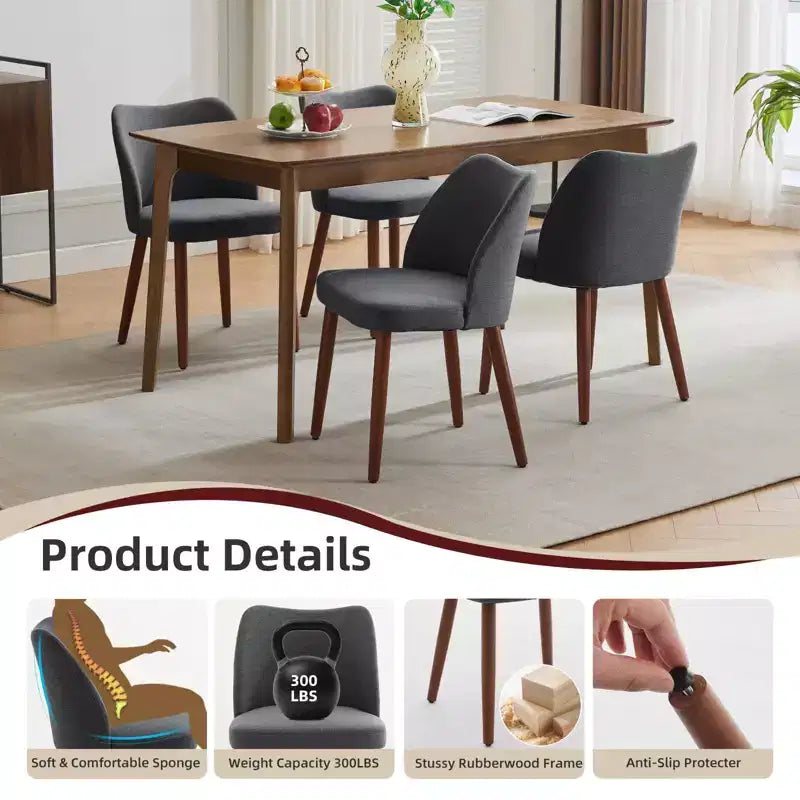 Lot de 6 chaises de salle à manger modernes à dossier ailé, rembourrées en lin avec pieds en bois, coussins épais, peu encombrantes, pour la cuisine